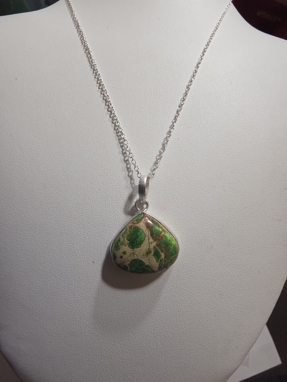 Elegant Green Jasper Teardrop Pendant Necklace • S925 Sterling Silver • 18” Chai